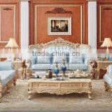 Champagne Gold Color Flower Hand Carving Light Blue Leather Sofa Set thumbnail-2