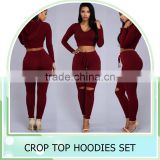 2016 New Women's Hole Crop Top Hoodie Set ,Christmas sweater ,2Pcs Plain Tracksuit Woman Active Hoodies Sweatshirt Tracksuits