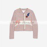 Ladies Cotton Leisure Style Striped Collarless Sequinned Patches Spring Jackets thumbnail-6