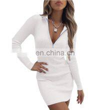 European and American autumn and winter new products fashion lapel solid color zipper high waist deep V long sleeve dress