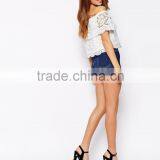 New Sexy Off the Shoulder Lace Plain Crop Tops Wholesale For Women Short Hollow Out Crochet Top thumbnail-4
