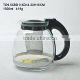 Hot Selling 1500ml Clear Borosilicate Glass Tea Pot With Glass Lid Pladtic Handle and Strainer
