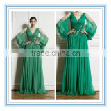 Long Sleeve Green V Neck Sequins Evening Dresses For Muslim (EVZU-1008)