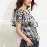 Blouses Latest Fashion Design Women Clothing Black and White Gingham Ruffle One Sleeve Blouse thumbnail-2