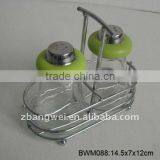 2pcs Glass Transparent Jar Set in a Metal Rack Used for Spice