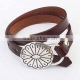 Wholesale Leather Charm Bracelet Brown Leather Wrap Bracelet With Vintage Tone Flower Charm Boho Exotic Leather Cuff Bracelet thumbnail-1