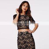 Women's Summer Rose Pattern Crop Top Shirt With Slit Long Skirt Suits thumbnail-1