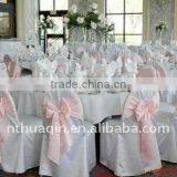 White Polyester Banquet Chair Cover With Pink Sash for Wedding or Party