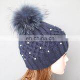 Navy raccoon fur pearls knit hat women fashion pom pom hat