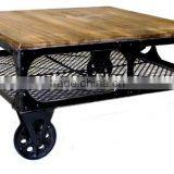 Industrial Rustic Wood Top Coffee Table With Wheels thumbnail-2