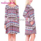 Free Samples Black Print Long Sleeve One Piece Dress Of Knee Length Casual Dress thumbnail-1