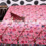 Handmade Bird Prints Bedding Reversible Quilt Indian Cotton Bedspread Handstiched Kantha Work Bed Cover