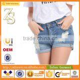 Hot Sale Women Apparel Europe Importer Customized Light Blue Ripped Folding Hem Shorts Jeans thumbnail-1