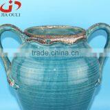 Antique Style Large Chinese Blue Ceramic Tall Floor Vase With Handle thumbnail-3