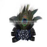 Vintage Peacock Feather Hairpin Accessory Dual Handmade Fabric Rose Pin Corsage Brooch for Women thumbnail-2