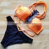 Polyester Bikini Flexible Backless Two Piece Hollow Padded Skinny Style Patchwork Solid Orange Sold By Set thumbnail-3