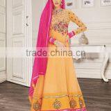 Lite Orange Color on Pink Embroidery Heavy Design at Neck Long Anarkali Designer Semi Stitch Salwar Kameez thumbnail-1