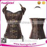 Women Cheap Straps Steampunk Brown Leather Corset thumbnail-5