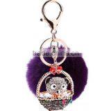 Rabbit Fur Big Ball Plush Car Key Ring Keychain With Rhinestone Bear