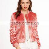 Women Zip Up Shirred Velvet Bomber Jacket Pink With Side Pockets Slim Fit Classic Shiny Jacket Coat thumbnail-6