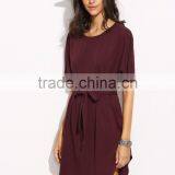 Burgundy Self Tie Curved Hem Dolman Sleeve Dress 95% Cotton 5% Spandex Curved Hem Casual Belted Dress thumbnail-2