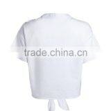 Ladies White Shoulder Snap Button Short Sleeve Woven t Shirt With Front Bow thumbnail-3