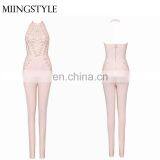 oem one piece bodycon sexy halter rompers pink jumpsuit women