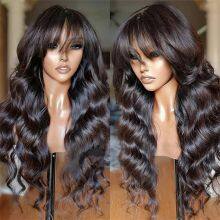 Body Wave Human Hair Wigs With Bangs 180% Density Remy Indian Wig With Bangs Full Machine Made Fringe Wig Human Hair Natural Wig thumbnail-2