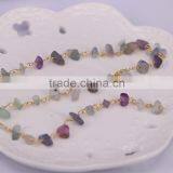 Natural Fluorite Nugget Quartz Chip Bead Rosary Chain, Gold Plated Wire Wrapped Chain thumbnail-3