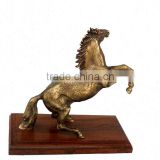 BRASS ANTIQUE BRONZE FINISH JUMPING HORSE STATUE ON WOOD BASE FOR HOME DECORATION