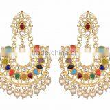 NAVRATAN Kundan Jadau Earring Tikka Gold Plated Chand Bali Set thumbnail-2