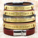 Metal Logo Tag Leather Bracelet Bangle Custom Letter Stamped Charm Leather Bangle Bracelet Promotion Leather Bracelet thumbnail-6