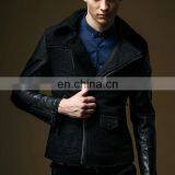 OEM Zipper Design Fashion Leather Sleeve Contrast Men Wool Biker Jacket In Black