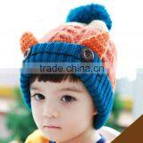 Hot Selling Fashion New Handmade Ears With Buttons Baby Kids Knitted Pom Pom Beanie Cap thumbnail-3