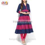 Latest Pakistani Kurti Designs Images Navy Blue and Pink Printed Designer Long Ladies Kurta Design thumbnail-2