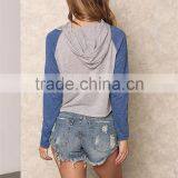 MGOO 2017 New Designs Navy Blue And Grey Raglan Sleeves Cropped Knit Hoodies Tops 180g 100% Cotton Jersey Plain thumbnail-6