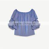 2017 OEM Spring Cute Pleated Vertical Stripes Off Shoulder Blouse thumbnail-6