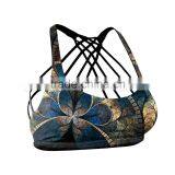 Flowery Sports Bra in Golden and Navy Blue With Multiple Stripes in Sublimated Supplex Material thumbnail-1