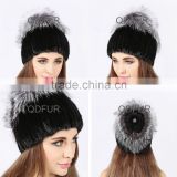 QD80621 Ladies All In One Winter Russian Rex Rabbit Fur Hats With Silver Fox Fur