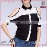 2015 Summer New Design New Feeling Front Open Off the Shoulde Sleeve Fashion Blouse With Mandarin Collar thumbnail-1