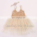 Baby Girl Glitter Gold Bow Dress Matching Rhinestone Sash Blet Baby Headband thumbnail-1