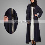 Modest Muslim Women Crepe Cardigan Navy Kimono With Lace Overcoat Open Front Islamic Abaya thumbnail-5