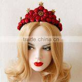 Fabric Red Rose Queen Hairband,star Crown Dancing Hair Hoop,bride Wedding Party Hair Decoration thumbnail-2