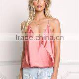 MGOO Foshan Factory Made Pink Satin Cami Sleeveless Strap Girls V Neck Summer Tops Women Blouses thumbnail-2