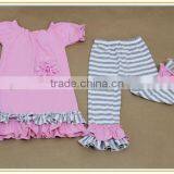 Wholesale Cotton Baby Clothes Kids Soild Color Dress And Ruffle Stripe Pants Children's Boutique Set thumbnail-4
