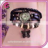 Ms Retro Hand-woven Imitation Leather Bracelet Watch Fashion and Colorful Butterfly Pendant Quartz Watch thumbnail-2