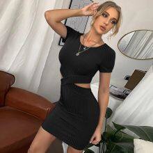 Sexy Hollow Short-sleeved Knitted Dress New Slim Solid Color Package Hip Skirt thumbnail-5