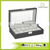 Watch Box Large 12 Mens Black Leather Display Glass Top Jewelry Case Organizer