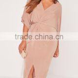 Plus Size Midi Dress Pink Long Sleeve Knot Sexy Elegance Dress Custom Split Hem Dress thumbnail-2