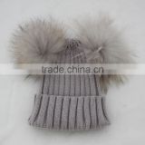 Myfur Light Grey Woolen Blend Cute Knitting Hat Wholesale with Real Raccoon Fur Bobbles